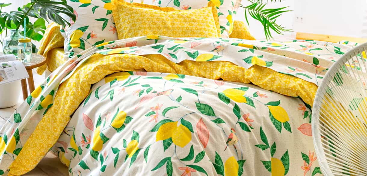Linge de lit motif citrons et oiseaux – BECQUET CRÉATION